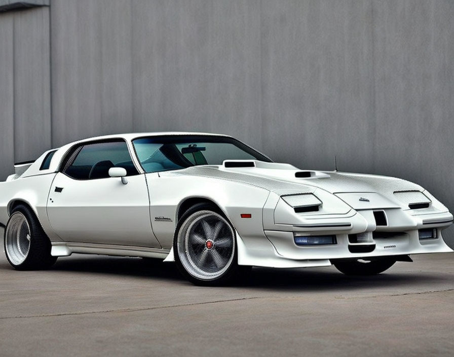 White Pontiac Firebird Trans Am with Aero Enhancements and Custom Wheels on Concrete Ground