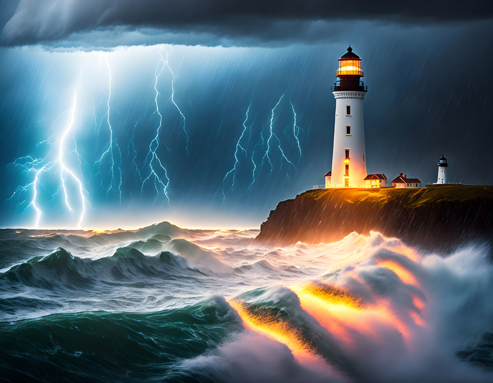 Dramatic lighthouse scene with raging seas and lightning.