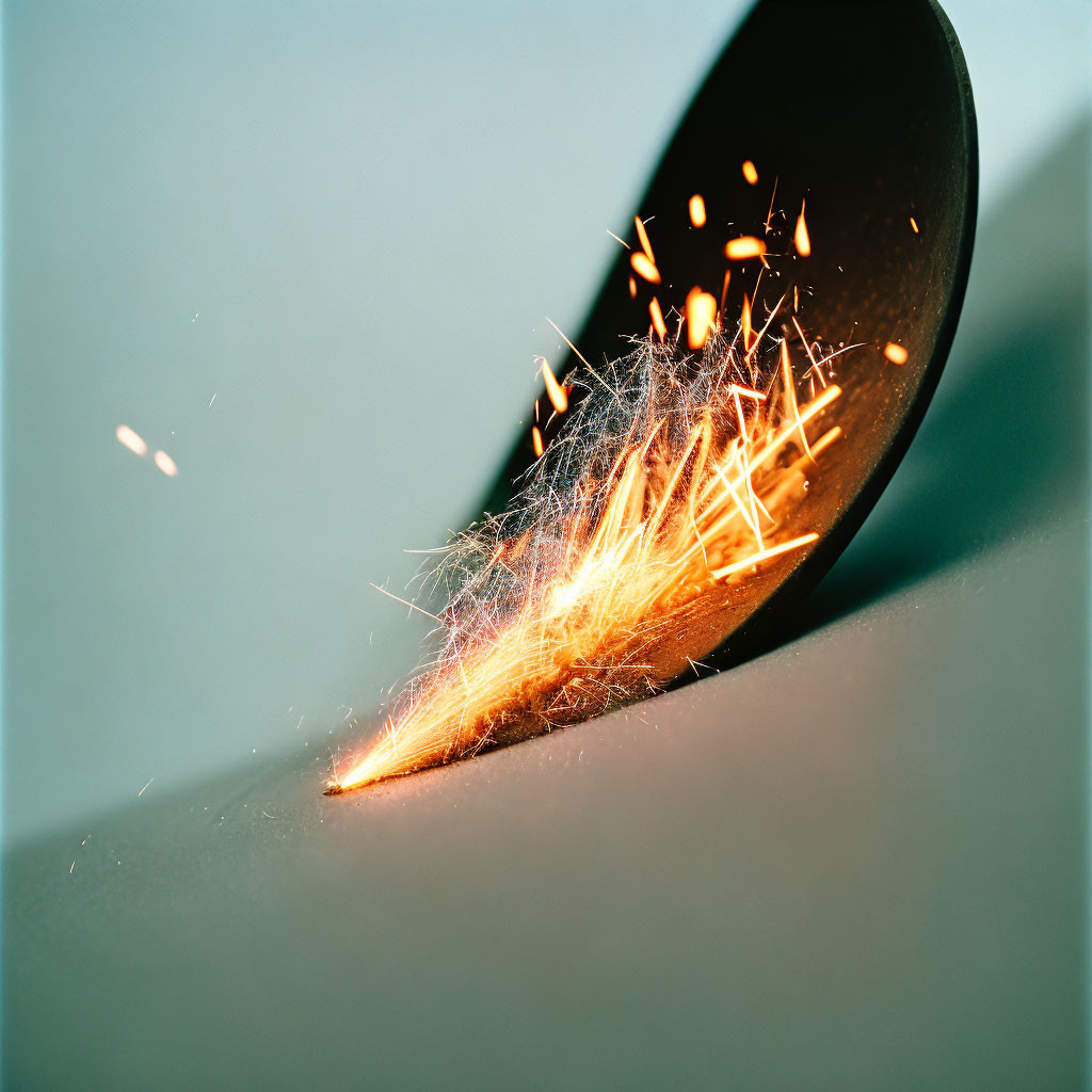 Metal object emitting bright orange sparks on soft blue background