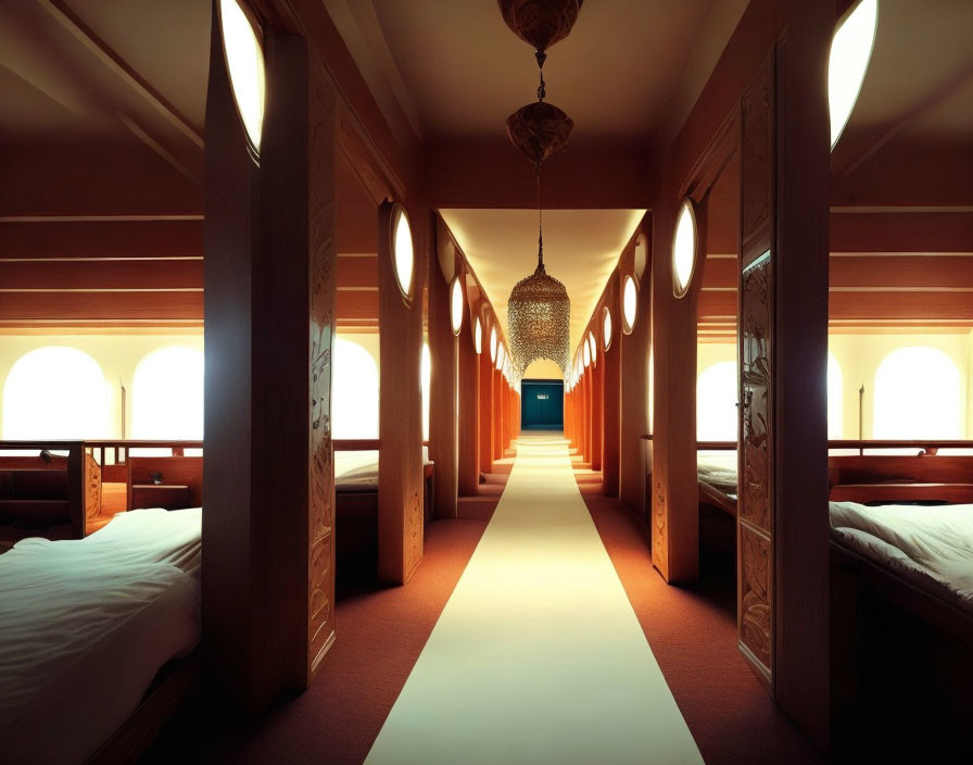 Elegant hotel corridor with symmetrical design and luxurious decor