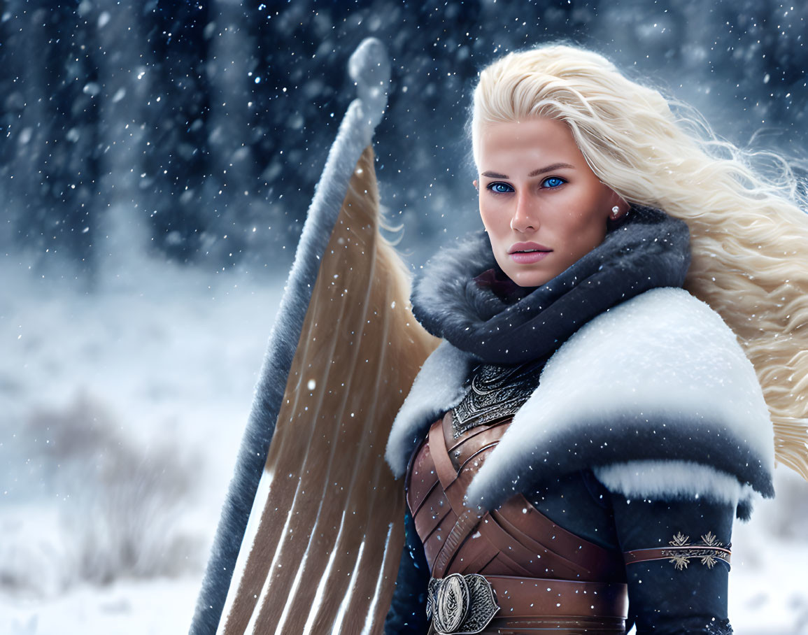 Fair-Haired Woman in Warrior Attire Holding Harp in Snowfall