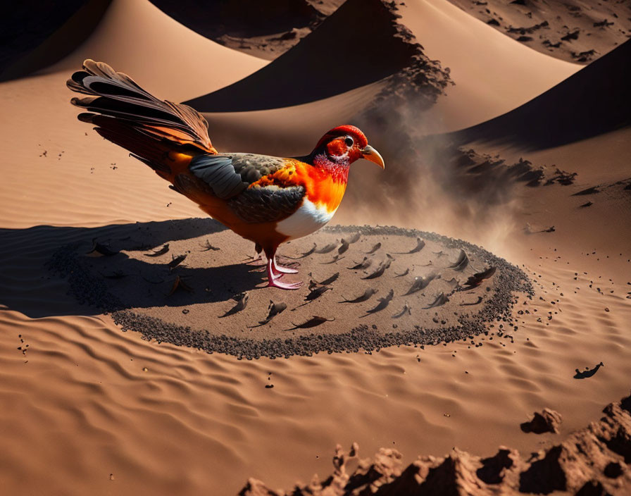 Vibrant bird with outstretched wings on sandy dune with shadow illusion