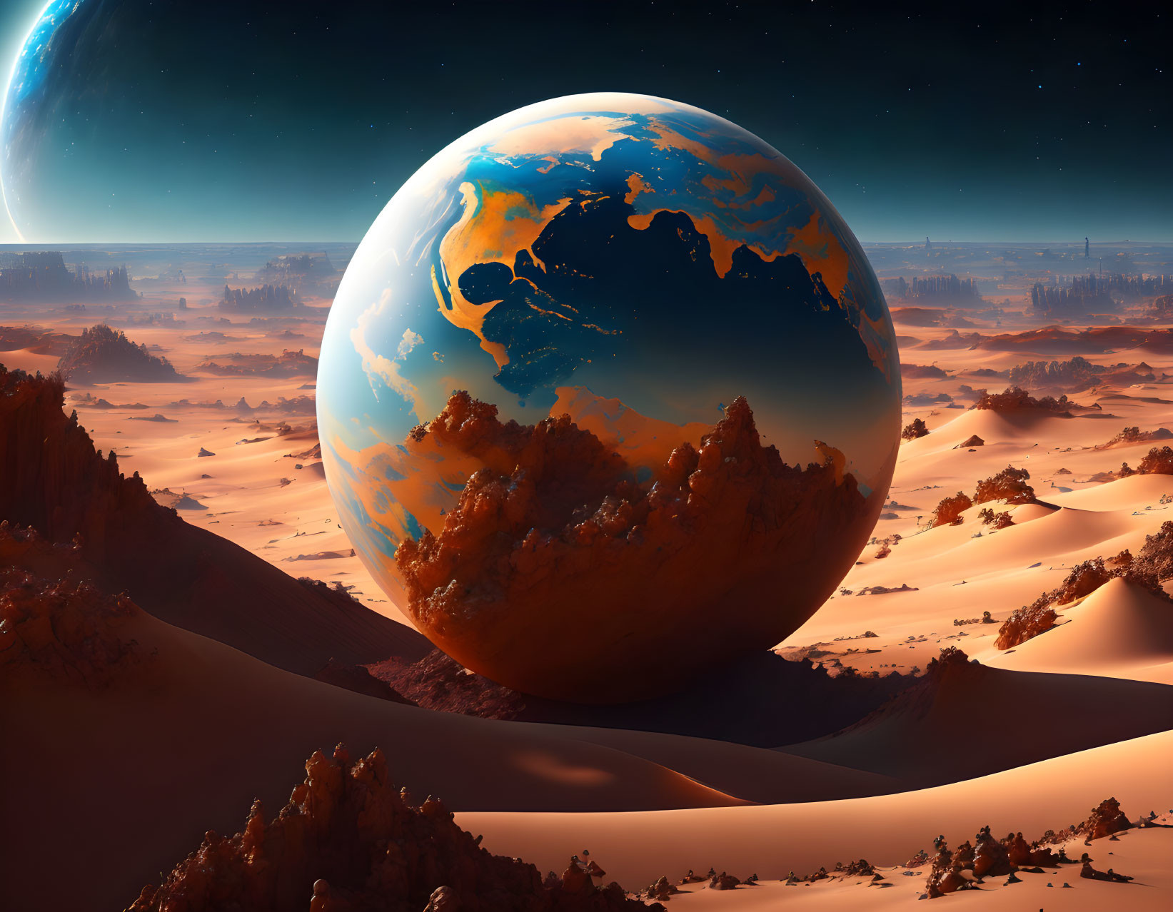 Surreal landscape with Earth-like planet over desert dunes