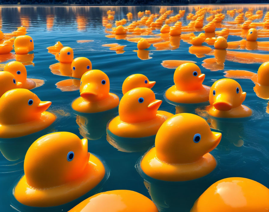 Yellow rubber ducks floating on calm blue water under clear sky