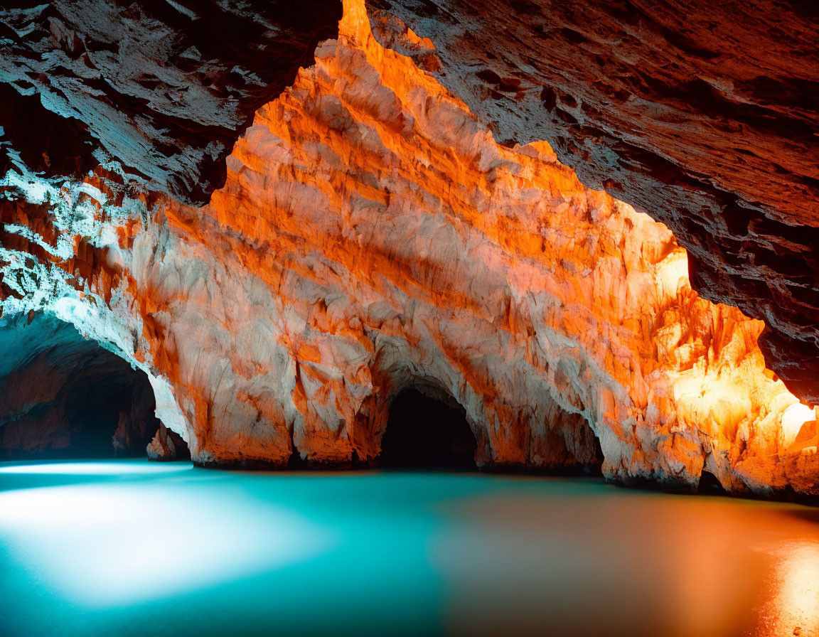 Orange Cave with Large Arch Over Tranquil Blue Waters