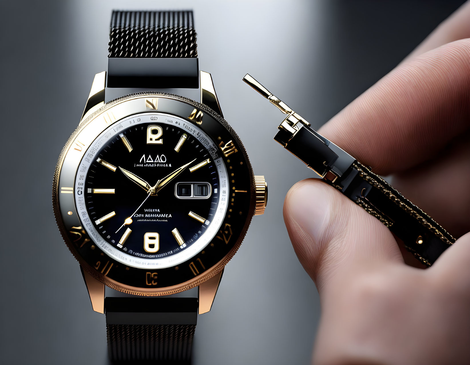 Luxury wristwatch and gold audio jack on dark background