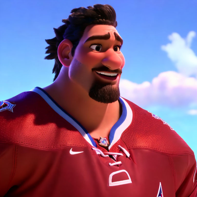 Smiling 3D animated character in maroon sports jersey under blue sky