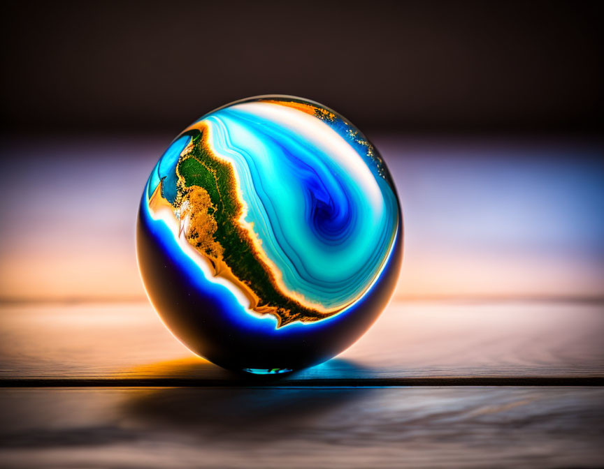 Colorful Glass Sphere on Wooden Surface with Soft Background Lighting