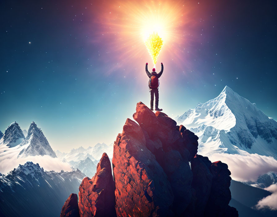 Person holding bright star-like light on mountain peak with snow-capped mountains and starry sky.