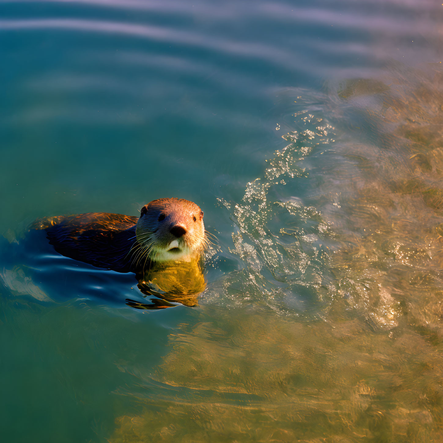 Floating otter in clear blue water with sunlit face.