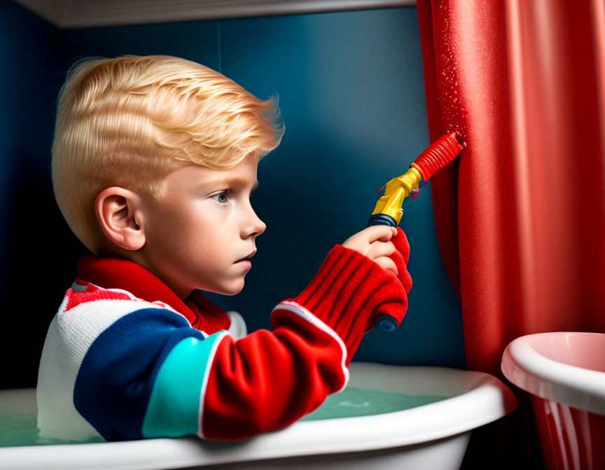 Blond-Haired Child with Toy Gun by Window