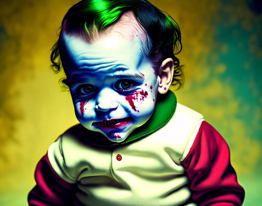 Toddler with clown-like face paint on colorful background