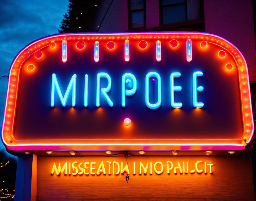 Vibrant neon sign with Cyrillic script against dusk sky