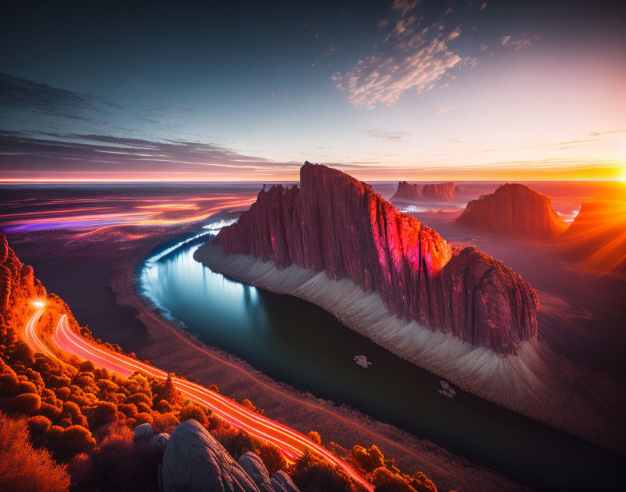 Scenic river and mountain under vibrant sunrise landscape.