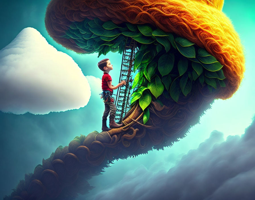 Boy climbing surreal curly ladder on giant floating island with lush greenery and orange fluffy surface, under clear