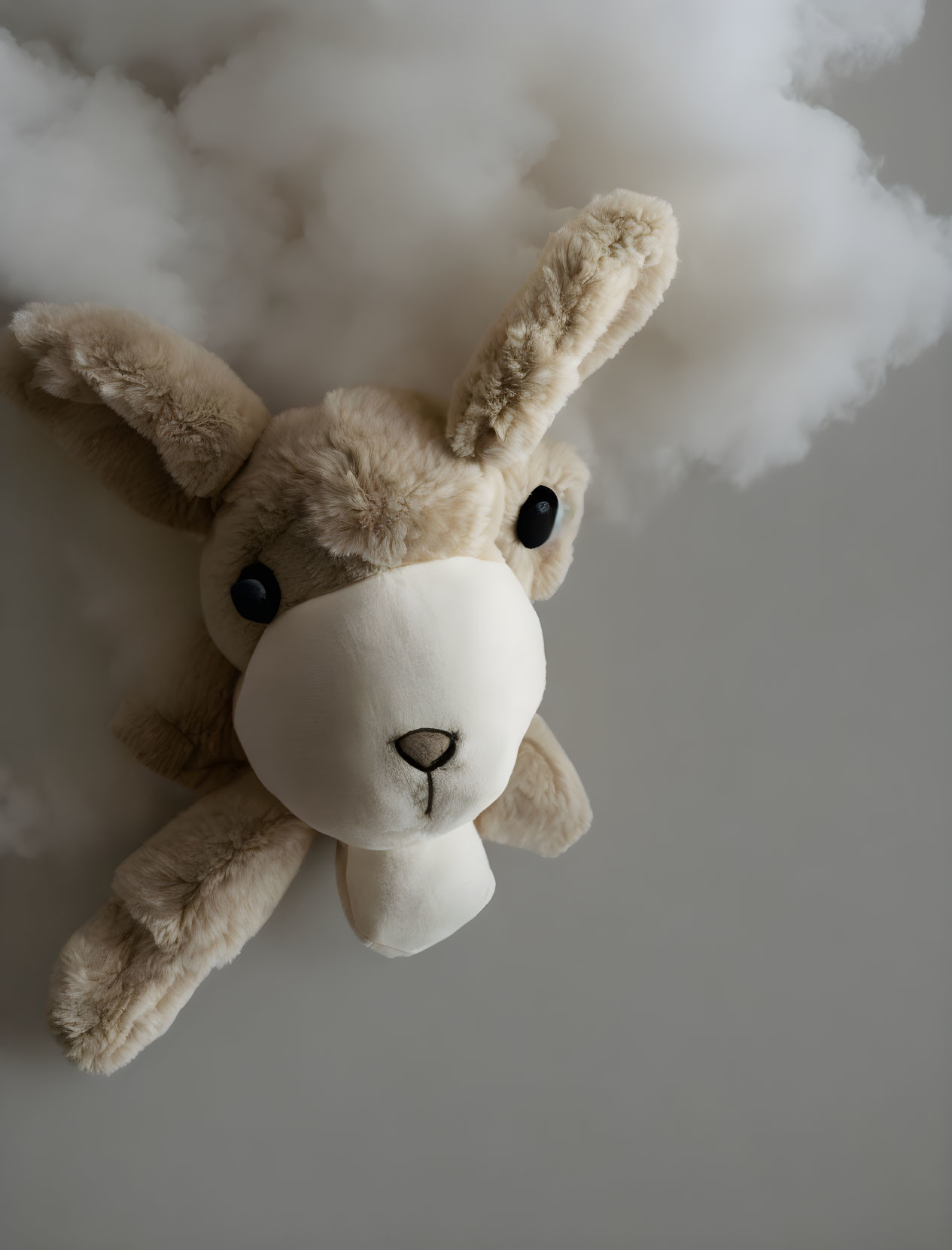 Fluffy Bunny Plush Toy on Cloud Background