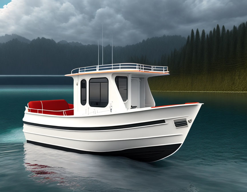 White Cabin Cruiser Boat with Red Seats on Calm Blue Water Near Forest