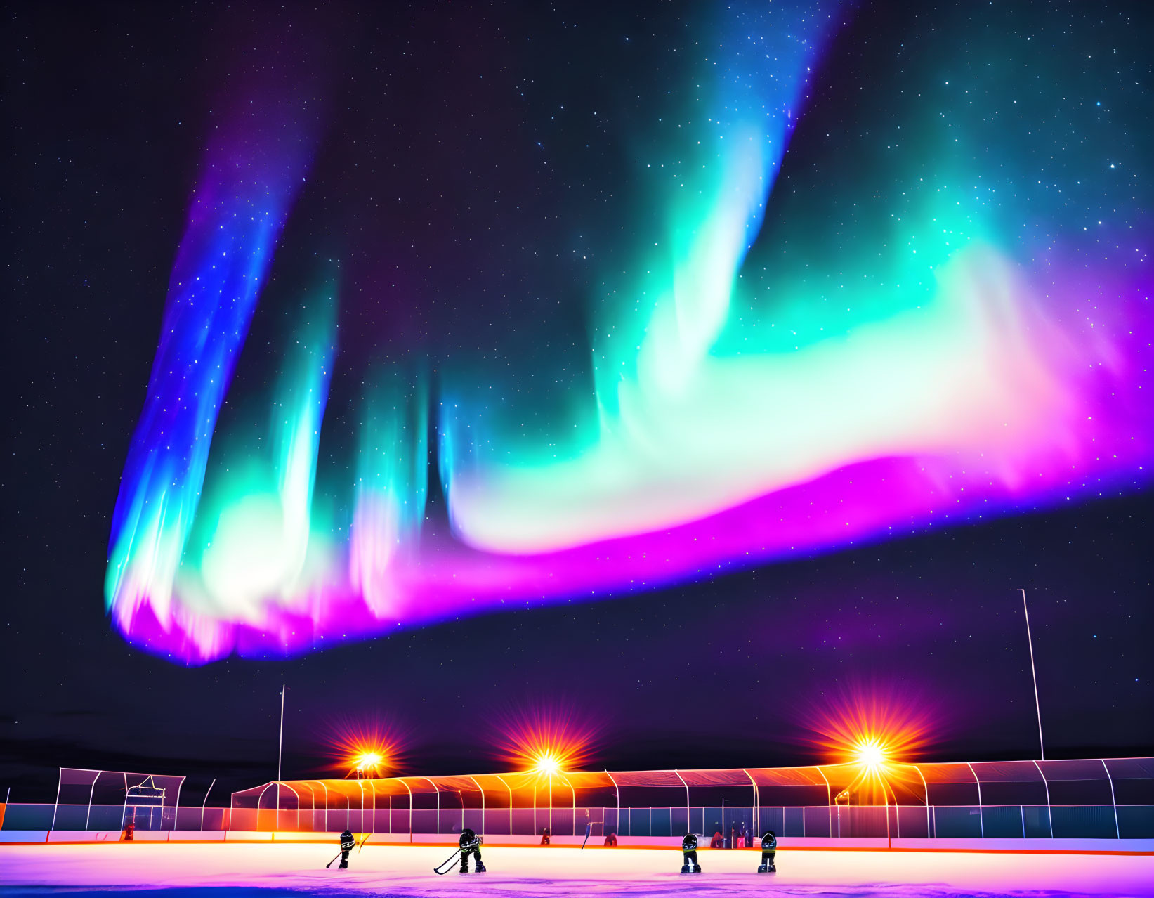 Northern Lights shine over snowy ice rink with skaters at night