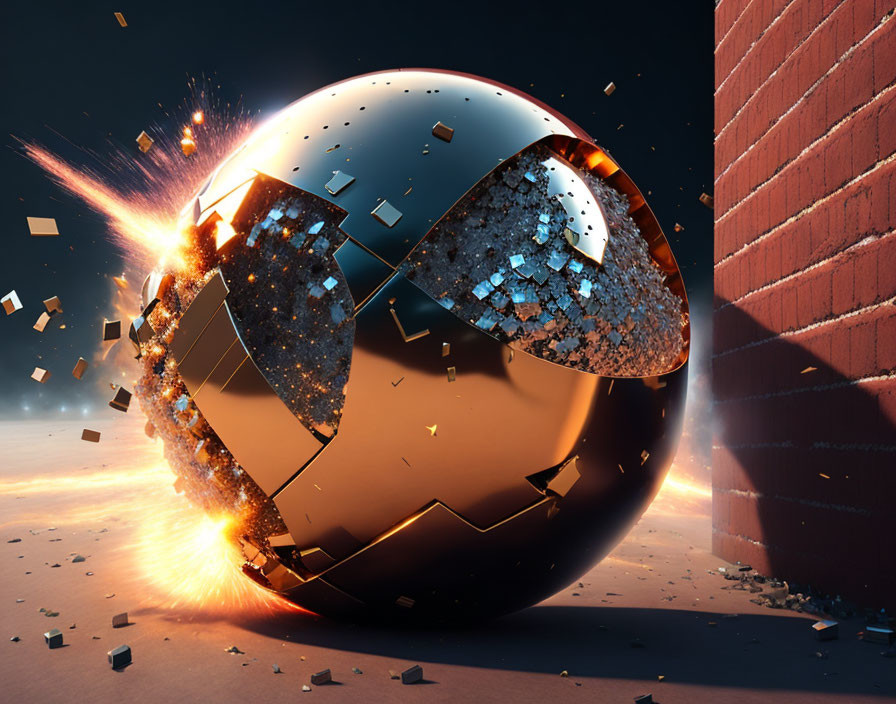 Metallic sphere shattering against brick wall with explosion effects