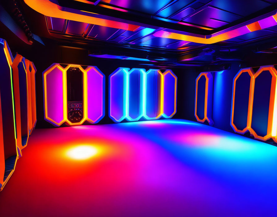 Futuristic neon-lit corridor with hexagonal doorways & multicolored floor lighting