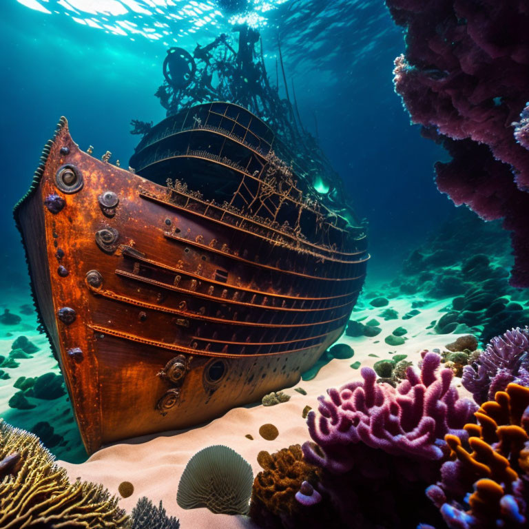 Underwater shipwreck scene with coral reef and marine life in sunlight.