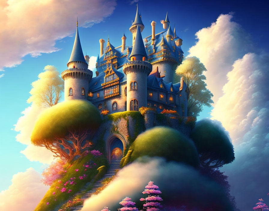 Whimsical castle with blue spires on lush hill at sunset