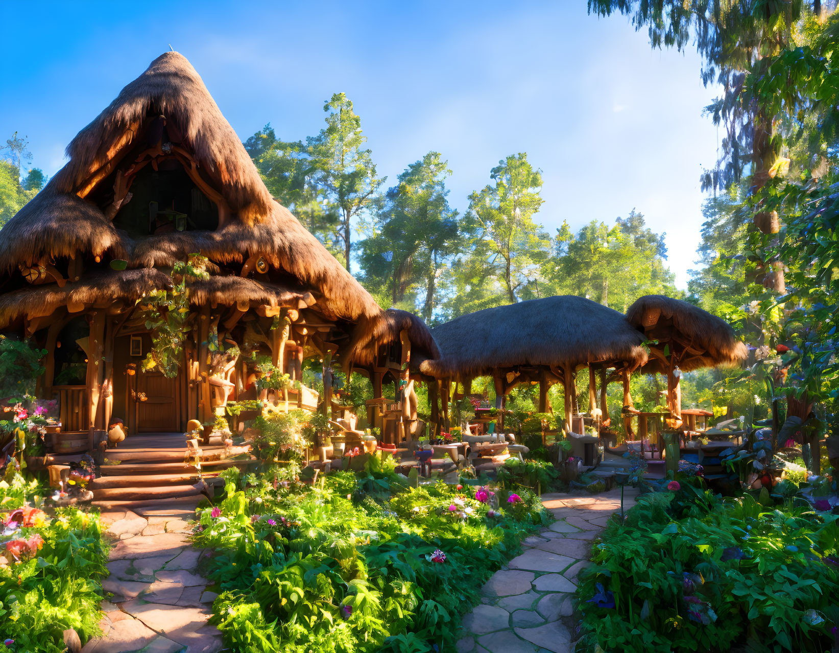 Tranquil garden scene with thatched-roof cottage, stone path, and vibrant flowers