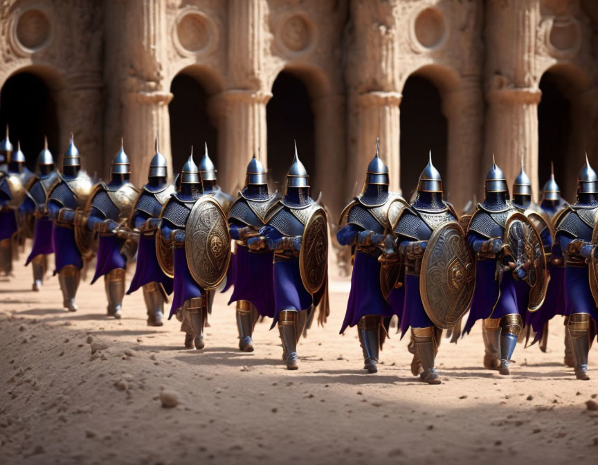 Armored knights with blue capes and shields advancing towards ancient building