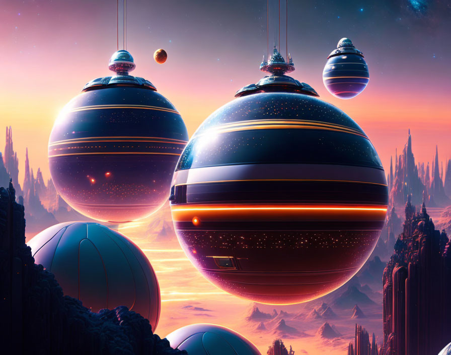 Large spherical spaceships over rocky terrain at sunset in sci-fi landscape