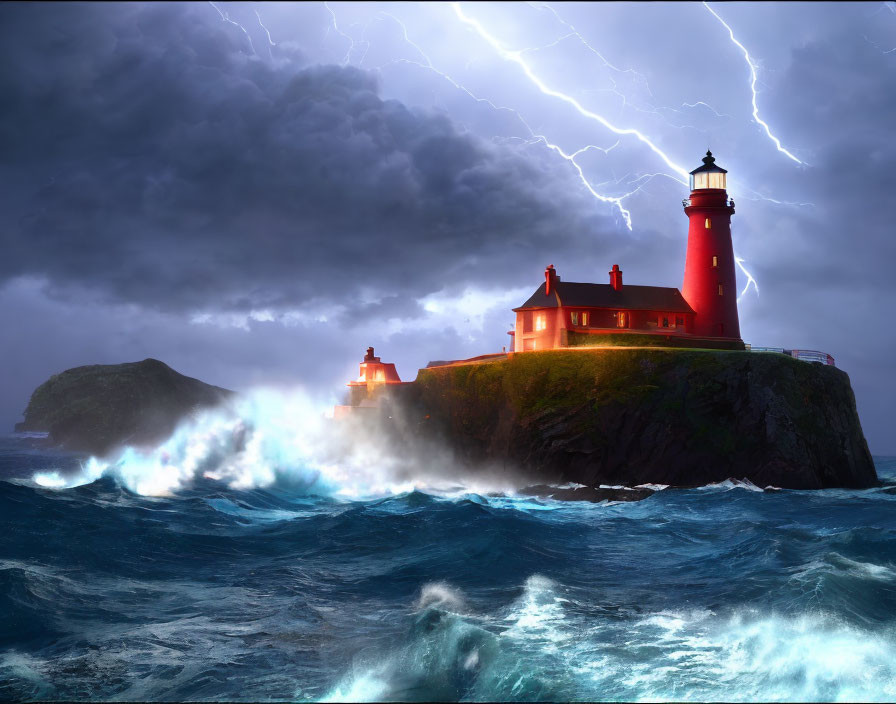 Lighthouse on rugged clifftop amid stormy sea and lightning