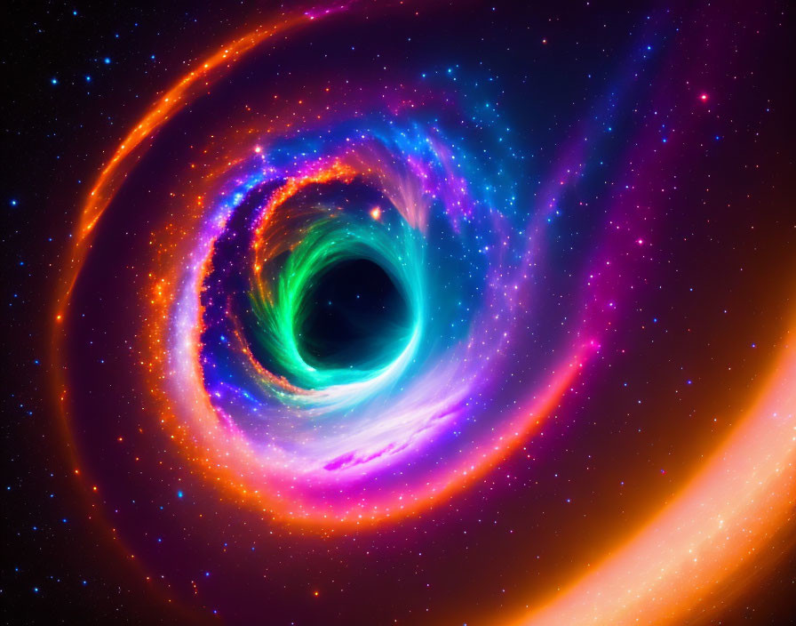 Colorful Digital Artwork: Black Hole & Accretion Disk in Starry Cosmos