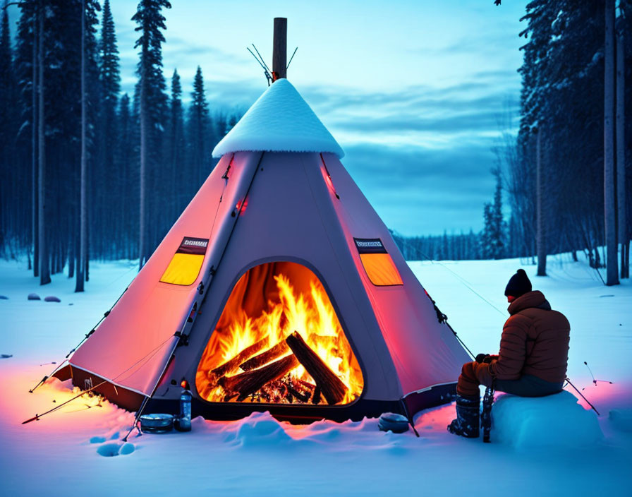 Person sitting by lit tent with fire in snowy forest at twilight