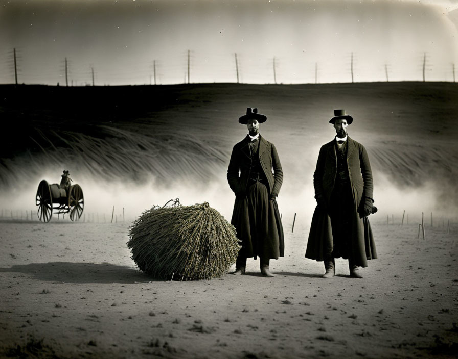 Two masked figures by hay bale in barren landscape with carriage.