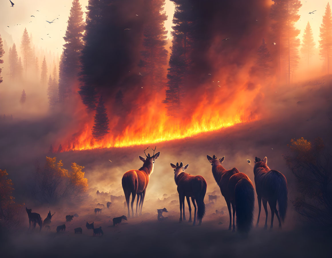 Deer herd observes forest fire as birds flee from flames and smoke