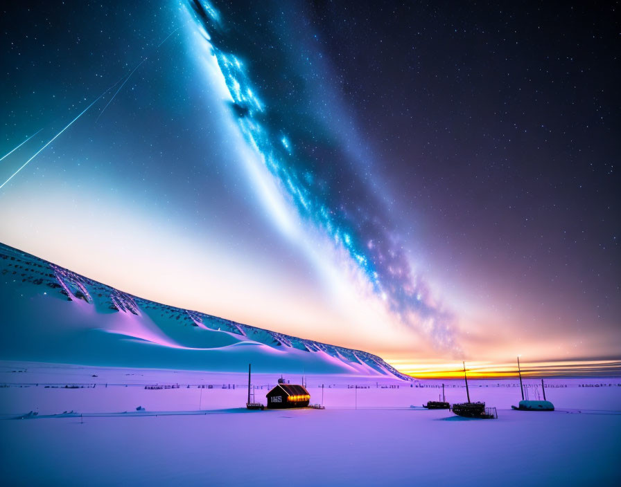 Colorful aurora borealis over snowy landscape with cabin and sleds