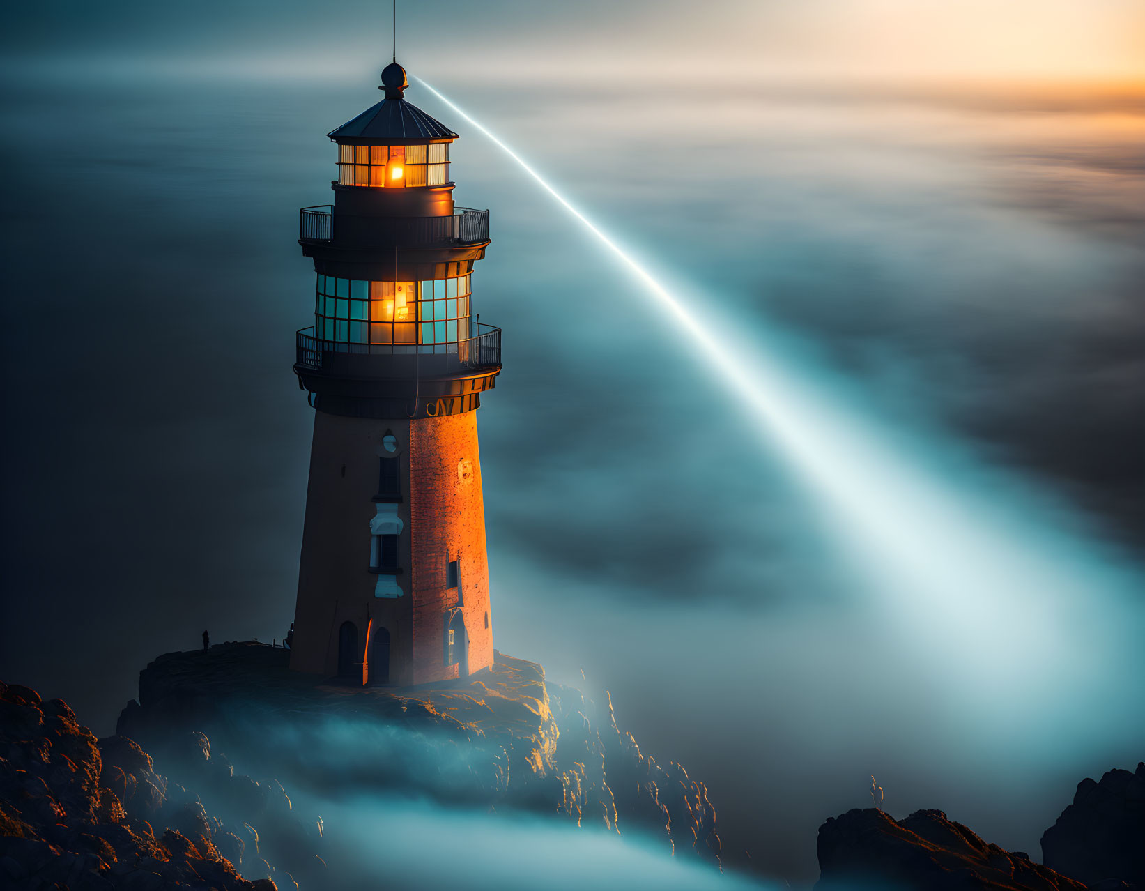 Cliff-top lighthouse shining in misty twilight