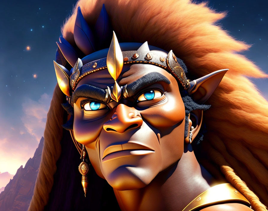 Blue-skinned animated character with lion-like mane and golden eyes in spiked headband.