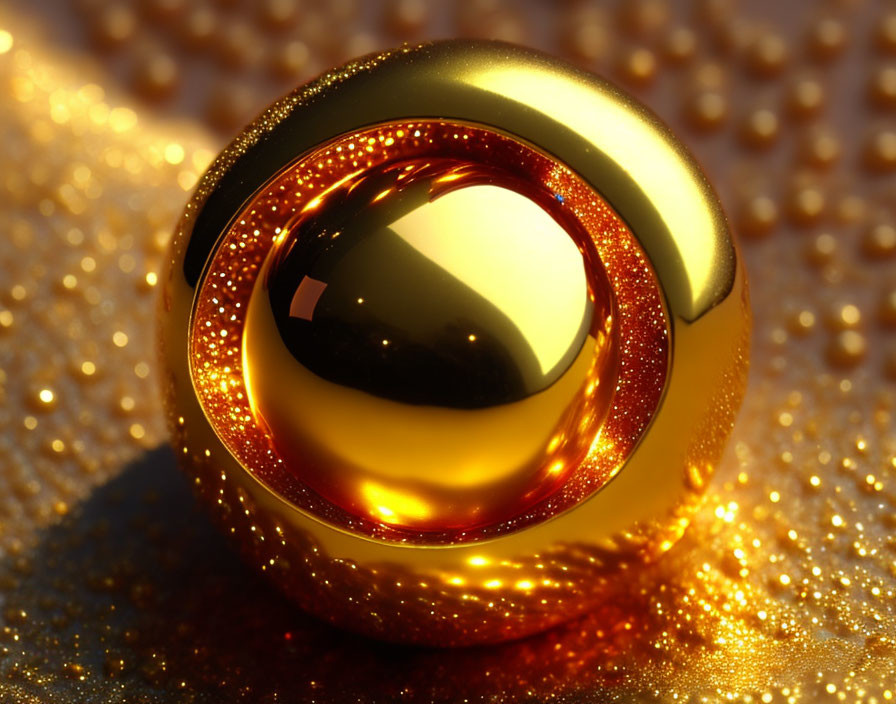 Golden sphere with concentric ring design on sparkling gold background