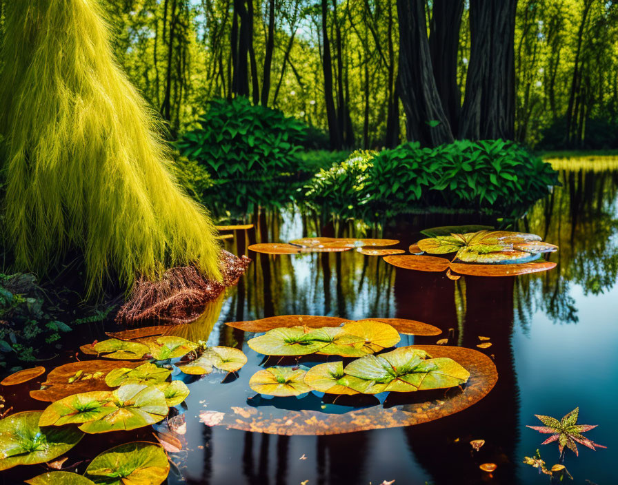 Tranquil pond with green willow and lily pads in lush setting