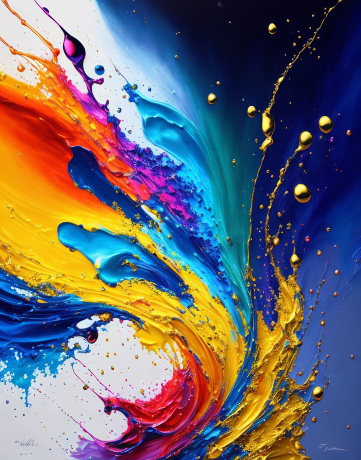 Colorful Paint Swirls in Blue, Yellow, Orange, Pink, and Gold on Dark Background