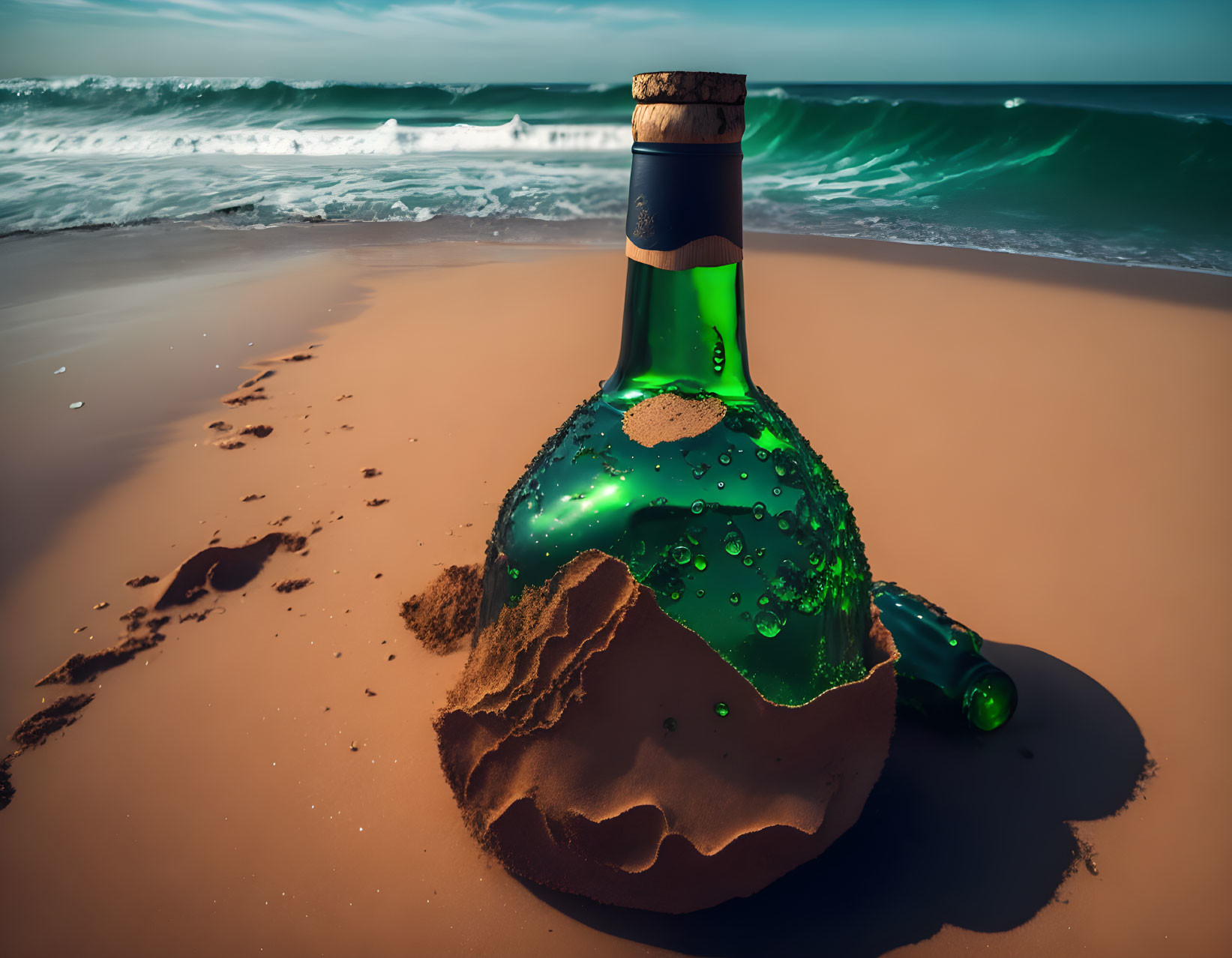 Green glass bottle with cork on sandy beach with waves