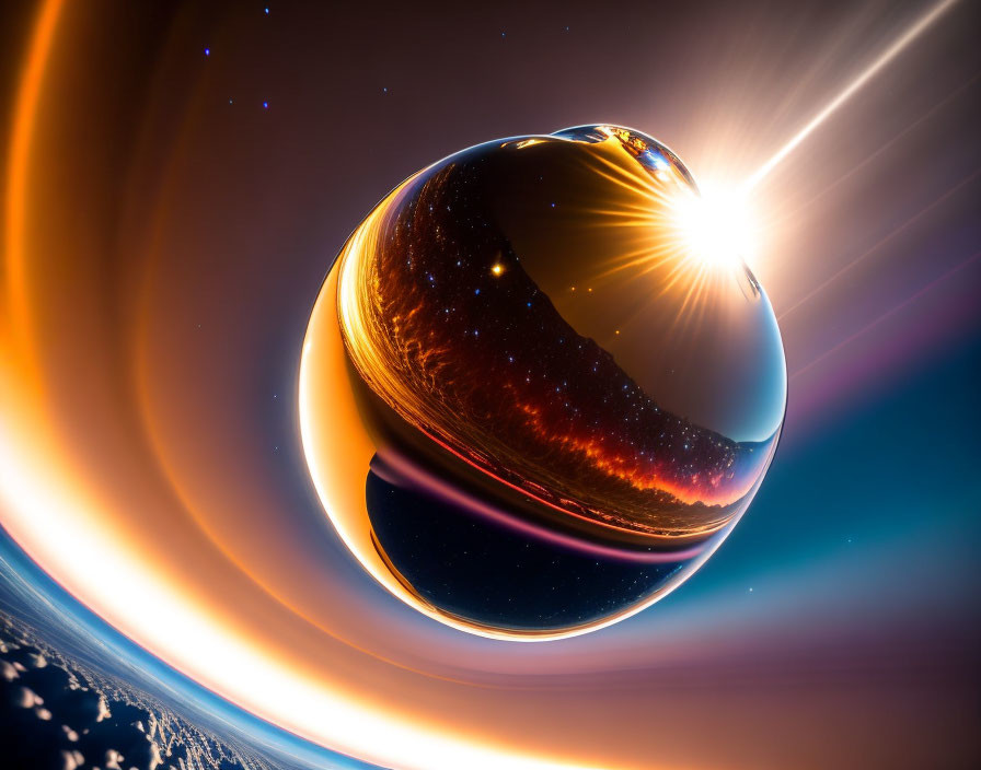 Reflective glossy sphere against Earth's horizon and sun peeking over cosmos with stars.