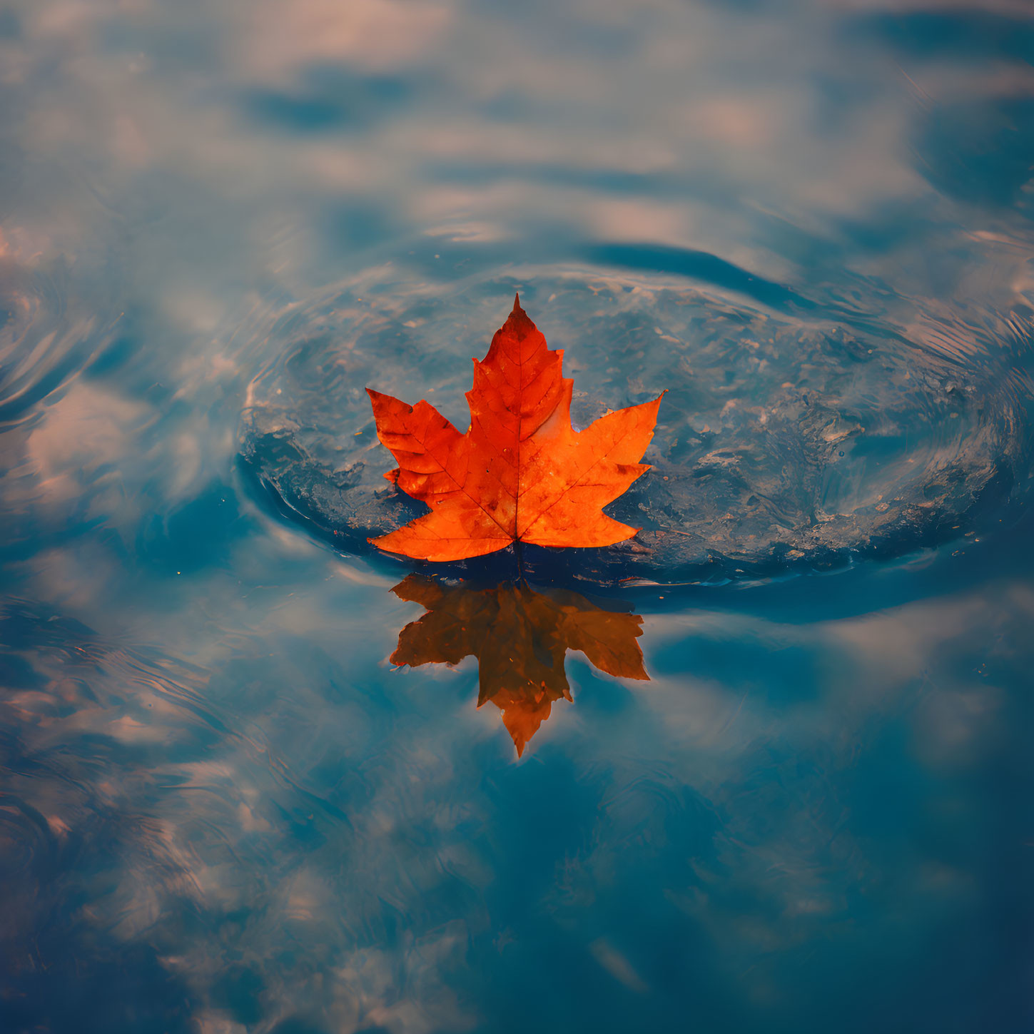 Vivid Orange Maple Leaf on Tranquil Blue Water