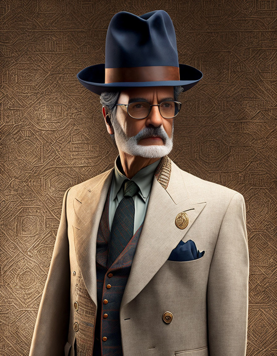 Stylized digital portrait of a man in beige suit, tie, blue hat, and glasses