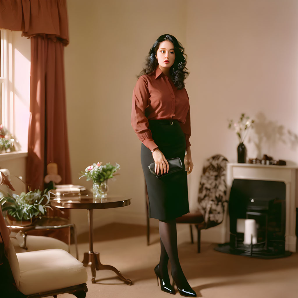 Vintage-style woman in brown blouse and black skirt in elegant room with fireplace and window.