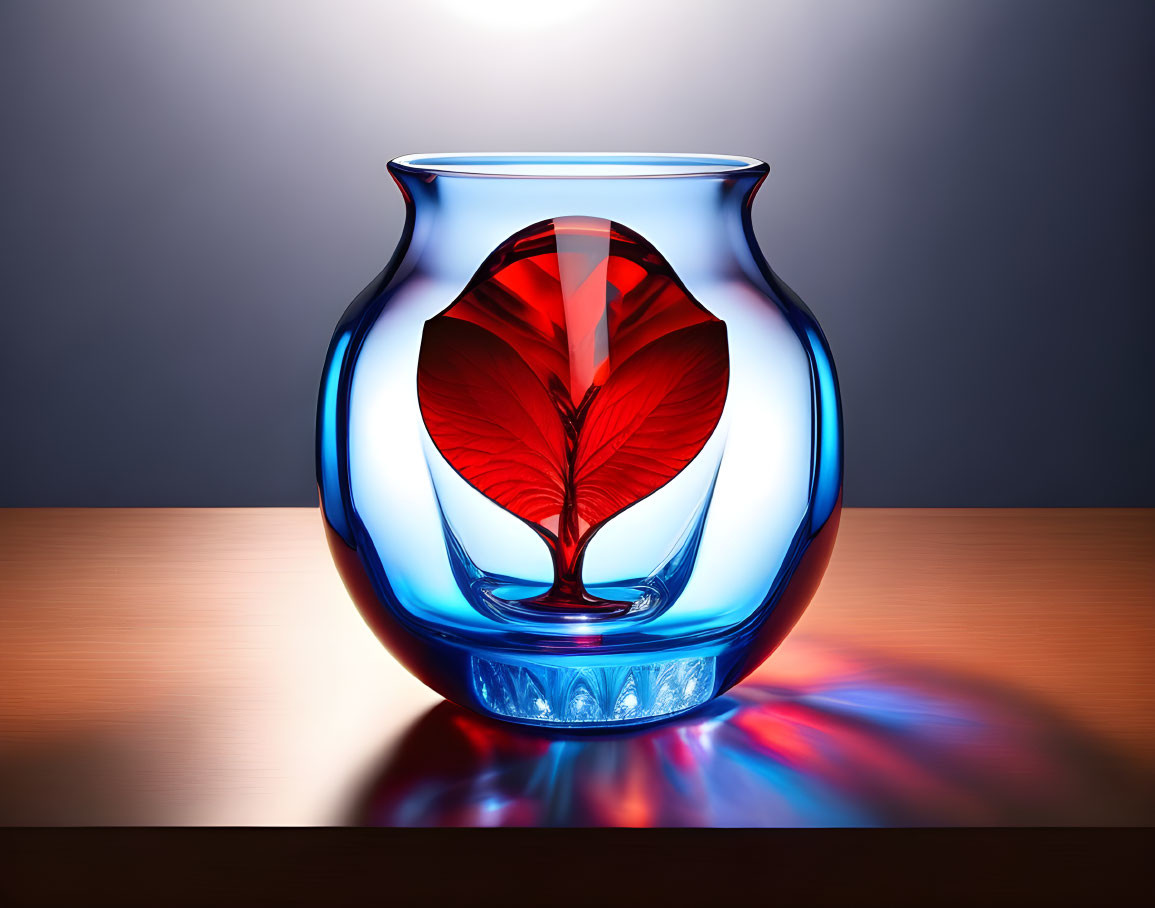 Translucent blue vase with red leaf casting reflections