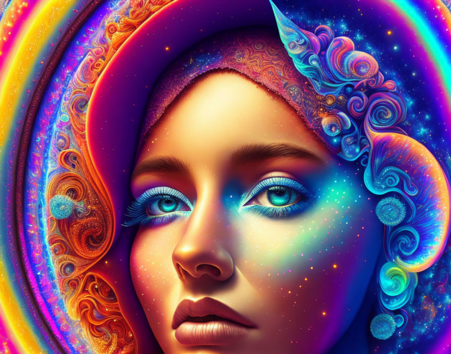 Colorful portrait of a woman with cosmic patterns and mystical background.