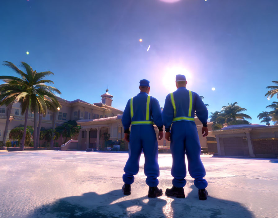 Video game characters in sanitation worker outfits under tropical sun