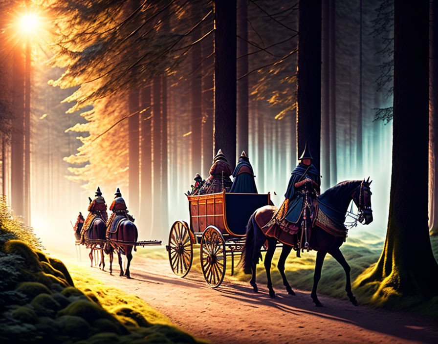 Mystical forest scene: Horse-drawn carriage under sunlight.