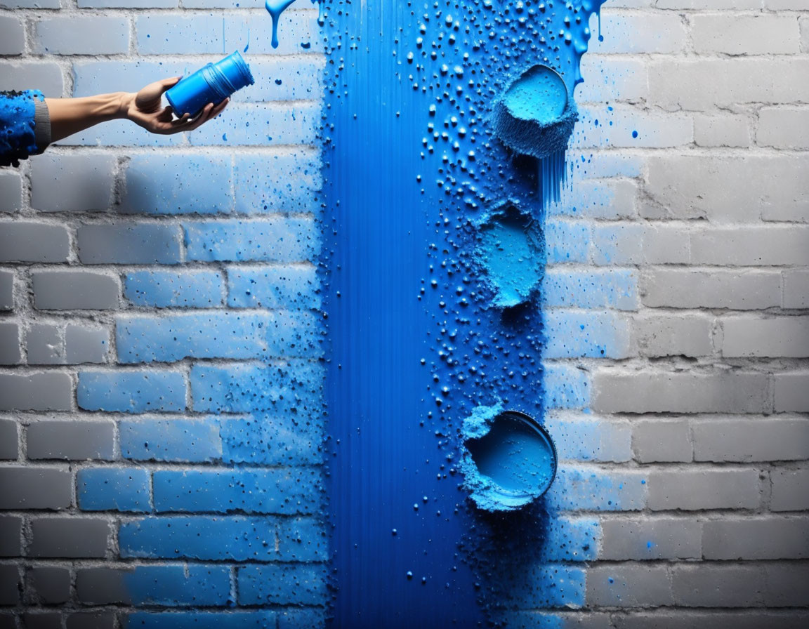 Hand spraying vibrant blue paint on brick wall